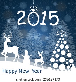Winter background  with Christmas tree, deer, snowmen. Happy New Year 2015.