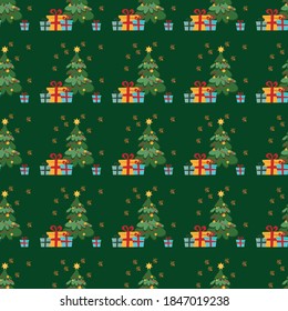 Winter background with Christmas tree, fireworks and gifts on a green background. Surface design for textiles, fabric, wallpaper, packaging, gift wrapping, paper, scrapbook and packaging.