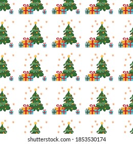 Winter background with a Christmas tree, fireworks and gifts on a white background. Surface design for textiles, fabric, wallpaper, packaging, gift wrapping, paper, scrapbook and packaging.