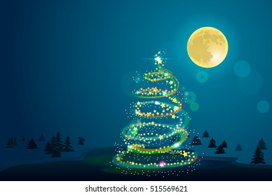 Winter background with Christmas tree and moon