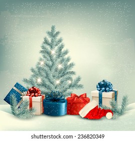 Winter background of christmas tree with presents and santa hat. Vector.