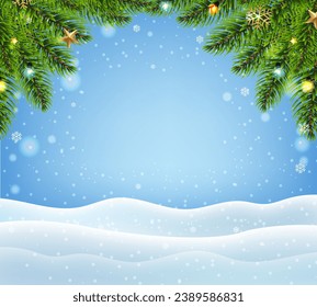 Winter Background And Christmas Tree And Snowfall With Gradient Mesh, Vector Illustration