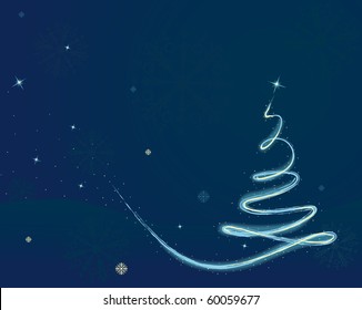 winter background with Christmas tree and snowflakes falling
