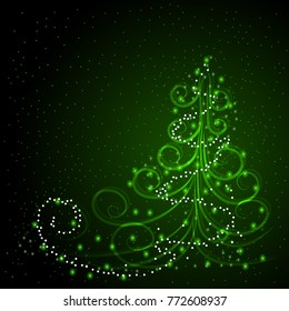 Winter background with Christmas tree, stars and snowflakes.