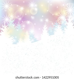 Winter background with christmas trees and glowing lights. Place for text. Vector illustration for Christmas and New Year holiday, party invitation, greeting card, poster, web, flyer.