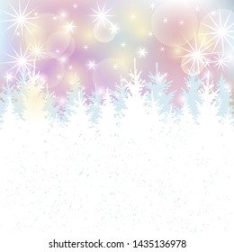 Winter background with christmas trees and glowing lights. Place for text. Vector illustration for Christmas and New Year holiday, party invitation, greeting card, poster, web, flyer.