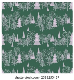 Winter background, Christmas trees and trees on green background, seamless pattern, vector design. Illustration for print, packaging, fabric.