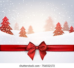 Fondo invernal con árboles de Navidad, nieve y arco satinado rojo. Ilustración vectorial.
