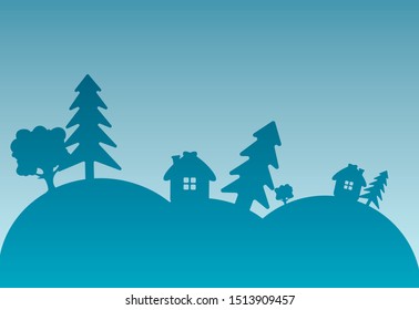 winter background with Christmas trees, snowdrifts and a house. Flat design adapted for web sites and mobile applications. New Year card, gift wrapping. Vector image