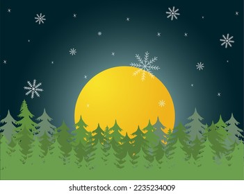 Winter background - Christmas trees, snowflakes, mountains, forest. New Year. Christmas