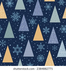 Fondo de invierno, árboles de Navidad y copos de nieve, diseño sin fisuras, vectores