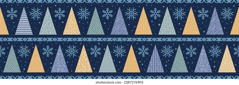 Winter background, Christmas trees and snowflakes, seamless pattern, vector design, banner