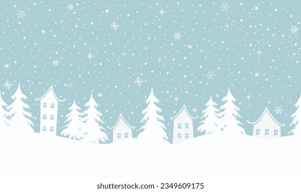 Winter background. Christmas village. Seamless border. Fairy tale winter landscape. White houses, fir trees on light blue background. Vector illustration