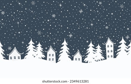 Winter background. Christmas village. Seamless border. Fairy tale winter landscape. White houses, fir trees, snowflakes on dark blue background. Vector illustration