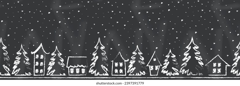 Winter background. Christmas village. Seamless border. White house silhouettes, fir trees, snow. Chalk drawings on blackboard background. Vector illustration