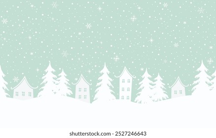 Winter background. Christmas village. Seamless border. Fairy tale winter landscape. White houses, fir trees on light green background. Vector illustration