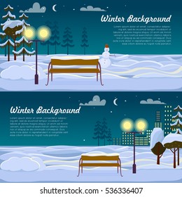 Winter background. Collection of two pictures with benches, street lamps and trees in city park. Snowman behind one bench. Buildings. Evening. Cartoon style. Poster. Web banner. Flat design. Vector