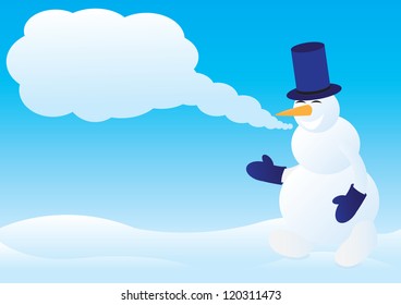 Winter background with congratulating cheerful snowman