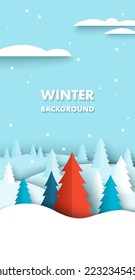 Winter background with coniferous trees vector illustration in paper cut craft art origami style. White blue and red fir spruce forest under snowfall 3d design. Christmas and new year holiday concept