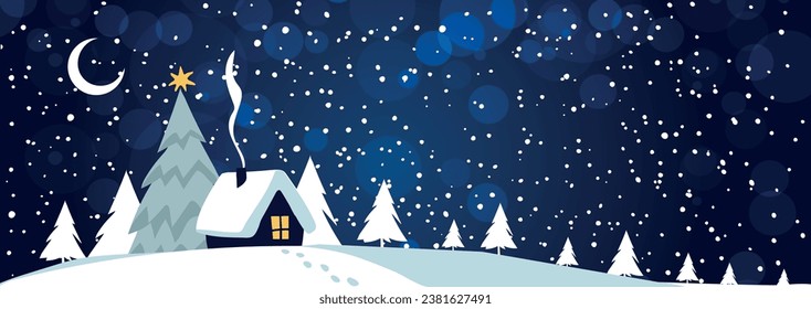 Winter background with copy space for text. Snowy Christmas landscape with a house and a New Year tree, night snowfall on Christmas Eve, holiday card. Vector cartoon flat illustration.