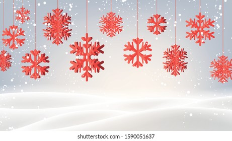 Winter background with coral paper kirigami snowflakes. Vector christmas illustration.