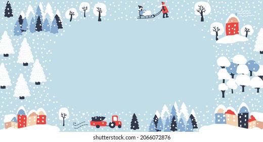 Winter background with cozy houses, white trees, snowfall, people and truck. Snow landscape. Vector frame. 