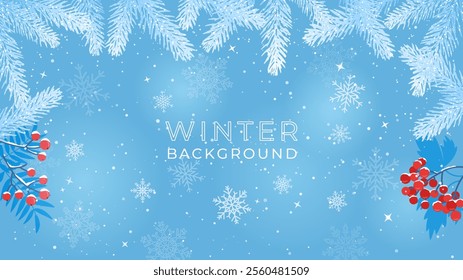 Winter background. Creative frame of realistic spruce branches, red rowan berries and viburnum. Random falling snow flakes wallpaper. Vector illustration.