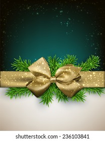Winter background with crystallic snowflakes with golden gift bow. Christmas fir tree decoration. Vector. 