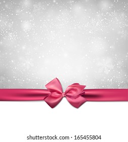 Winter background with crystallic snowflakes with pink gift bow. Christmas decoration. Vector. 
