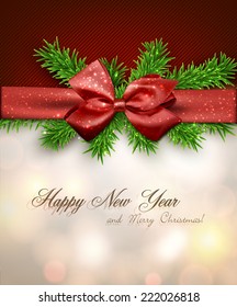 Winter background with crystallic snowflakes with red gift bow. Christmas fir tree decoration. Vector. 