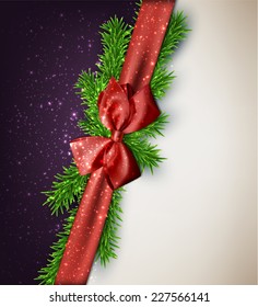 Winter background with crystallic snowflakes with red gift bow. Christmas fir tree decoration. Vector. 