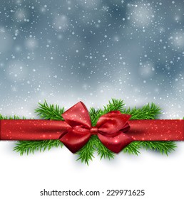 Winter background with crystallic snowflakes with red gift bow. Christmas fir tree decoration. Vector. 