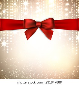 Winter background with crystallic snowflakes with red gift bow. Christmas decoration. Vector. 