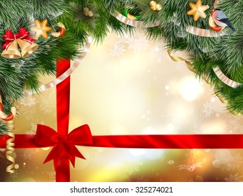 Winter background with crystallic snowflakes with red gift bow. Christmas fir tree decoration. EPS 10 vector file included