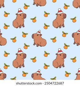 Winter background with cute animal capybaras in Santa hat. Seamless pattern with cartoon characters and citrus fruits tangerines. New Year illustration isolated on blue background. Merry Christmas