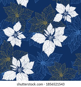 Winter background with cute designs with elements of a festive atmosphere with poinsettia flowers. christmas star with golden and blue color. Printing for wrapping paper, wallpaper, tablecloths.