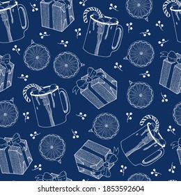 Winter background with cute doodles with elements of a festive atmosphere: Christmas tree retro toy, a mug of cocao with marshmallows, berries, a gift with a beautiful bow. Print for wrapping paper