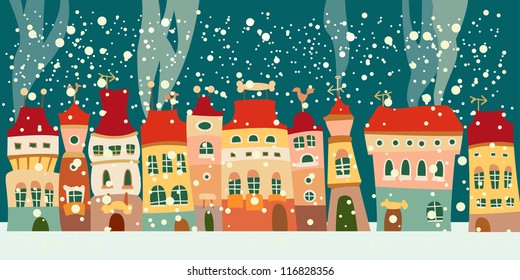 Winter background with cute little town. seamless