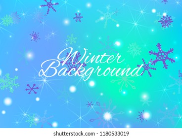 Winter Background with Cute Snowflakes and Shiny Lights. Festive Background for Christmas Decoration, Banner, Card. Vertical A4 Vector Background.