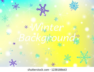 Winter Background with Cute Snowflakes and Shiny Lights. Festive Background for Christmas Decoration, Print, Poster. Vertical A4 Vector Background.
