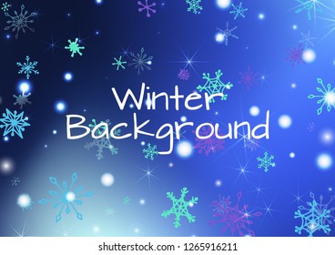 Winter Background with Cute Snowflakes and Shiny Lights. Festive Background for Christmas Decoration, Cloth, Dress. Vertical A4 Vector Background.