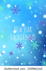 Winter Background with Cute Snowflakes and Shiny Lights. Festive Background for Christmas Decoration, Textile, Cover. Vertical A4 Vector Background.