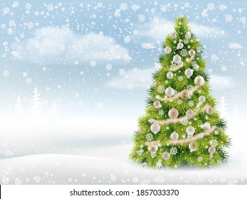 Winter background with decorated Christmas tree, snowflakes and snow drifts. Realistic vector for card design.