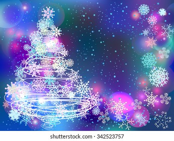 Winter background with decorative tree and snowflakes