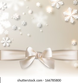 Winter background. Defocused snowflakes with white bow. Christmas. Vector. 