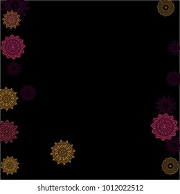 Winter Background with Delicate Snowflakes. Flourish Medallions on Black Ground. Stylish Dark Pattern with Outline Arabesque Motives. Gentle Snowflakes Drawn in Indian Style and Looking as Mandalas.