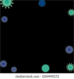 Winter Background with Delicate Snowflakes. Flourish Medallions on Black Ground. Stylish Dark Pattern with Outline Arabesque Motives. Gentle Snowflakes Drawn in Indian Style and Looking as Mandalas.