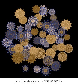 Winter Background with Delicate Snowflakes. Flourish Medallions on Black Ground. Stylish Dark Pattern with Outline Arabesque Motives. Gentle Snowflakes Drawn in Indian Style and Looking as Mandalas.