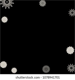 Winter Background with Delicate Snowflakes. Flourish Medallions on Black Ground. Stylish Dark Pattern with Outline Arabesque Motives. Gentle Snowflakes Drawn in Indian Style and Looking as Mandalas.