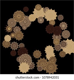 Winter Background with Delicate Snowflakes. Flourish Medallions on Black Ground. Stylish Dark Pattern with Outline Arabesque Motives. Gentle Snowflakes Drawn in Indian Style and Looking as Mandalas.